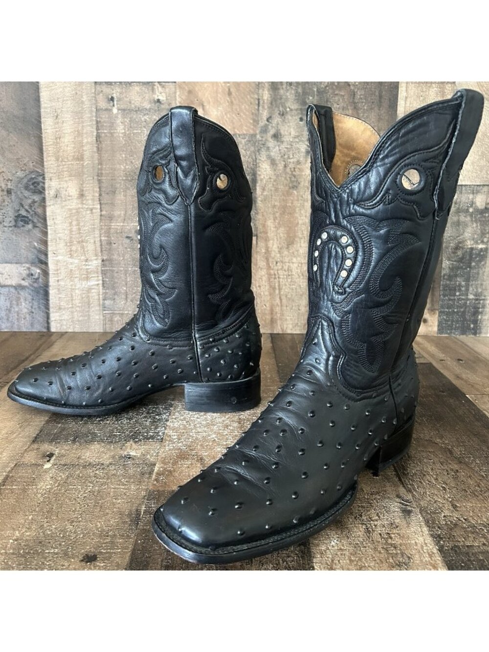 El General Ostrich Print Square Toe Black Cowboy Boots Mens 9.5